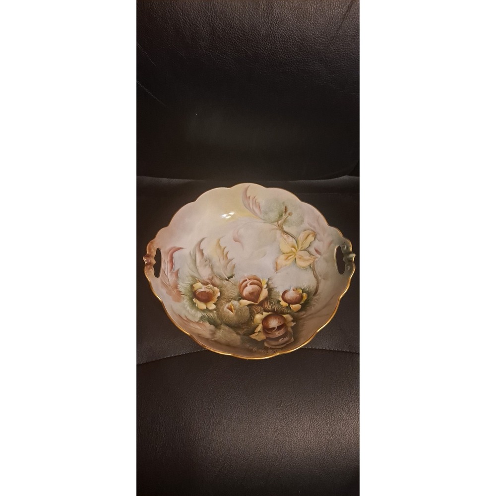 Vintage Hand Painted Bowl With Handles  Gold Trim 10.5"